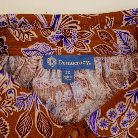 Democracy Collared Button Front Brown Blue Floral Lace Lined Shirt 1X Top Rayon - Picture 8 of 9